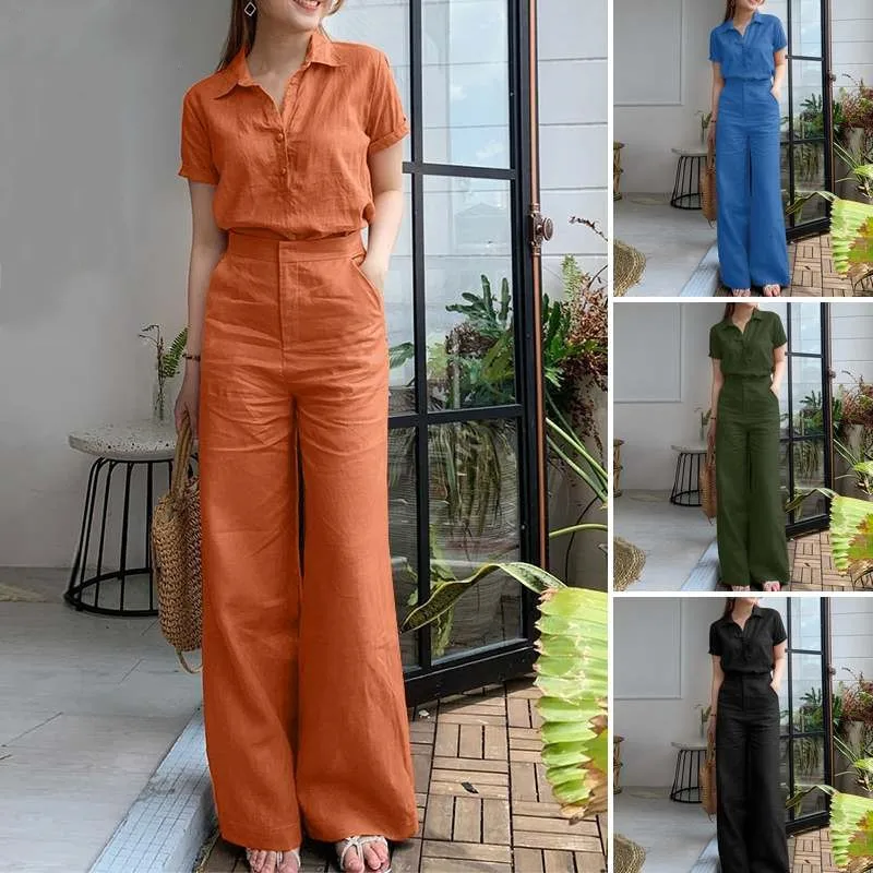 

2026 Women's Faion Set Pure Color ort Sve Turn-down Collar Wide Leg Pants Pants Cross-border New Sle Suit 2 piece sets womens