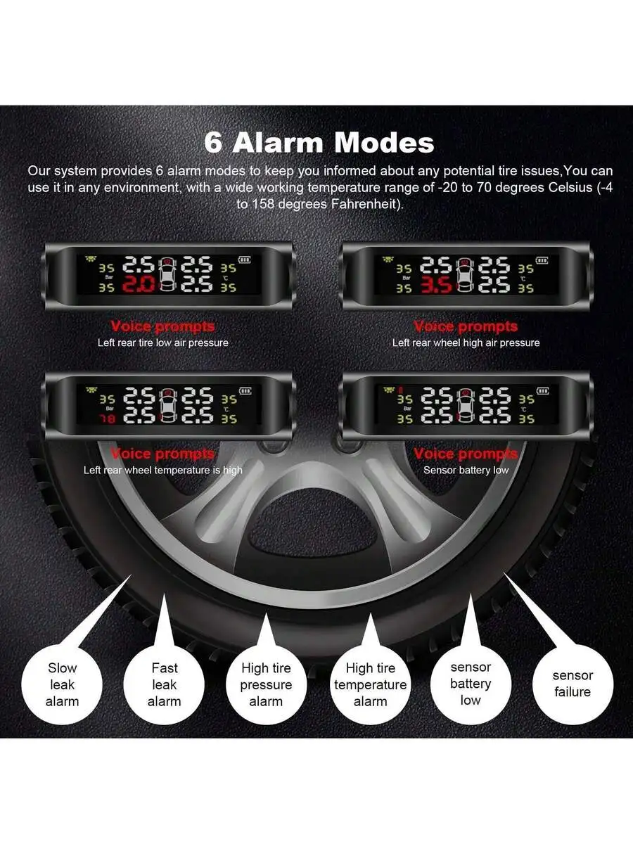 

Solar And USB Rechargeable Wireless TPMS With 4 External Sensors Real-Time Pressure Temperature Alerts For Cars SUVs Trucks