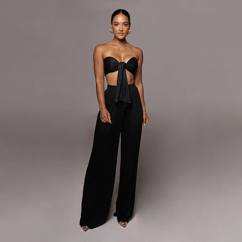 Spring/Summer New Women's Two Piece Set Sexy Solid Color Lace Up Bra Top Mid Waist Wide Leg Pants Fashion Casual Set