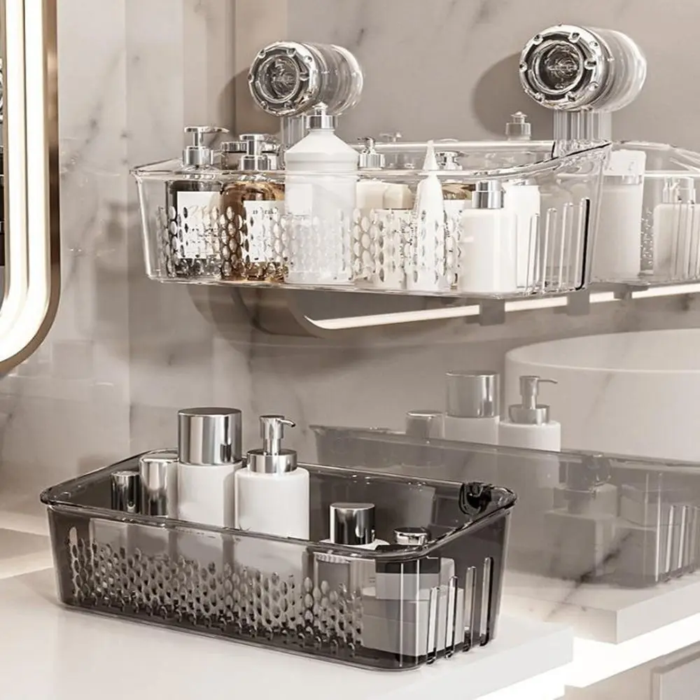 

Plastic Suction Cup Shower Rack Large Capacity Transparent Draining Basket Removable Space Saving Cosmetic Storage Box Bathroom
