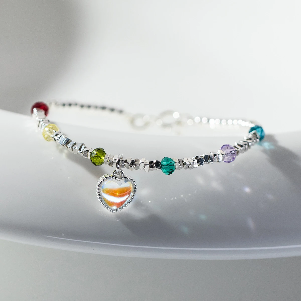 MODIAN 925 Sterling Silver Rainbow Color Crystal Beads Bracelet Charm Heart Moonstone Link Chain Bracelets For Women Jewelry image 2