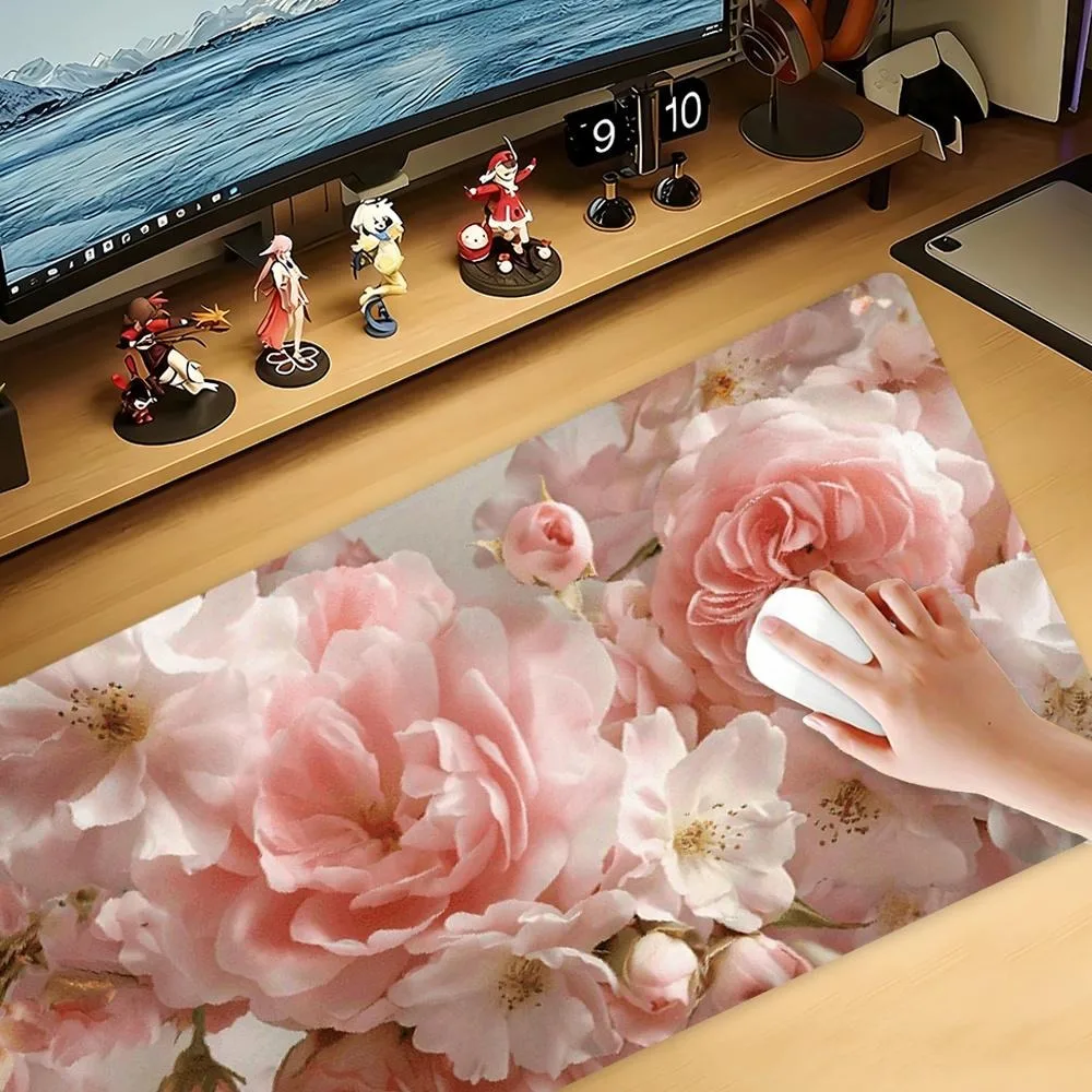 Extra-large romantic peony and rose mouse pad - Soft pink floral design tapete escritorio repose poignet clavier capibara