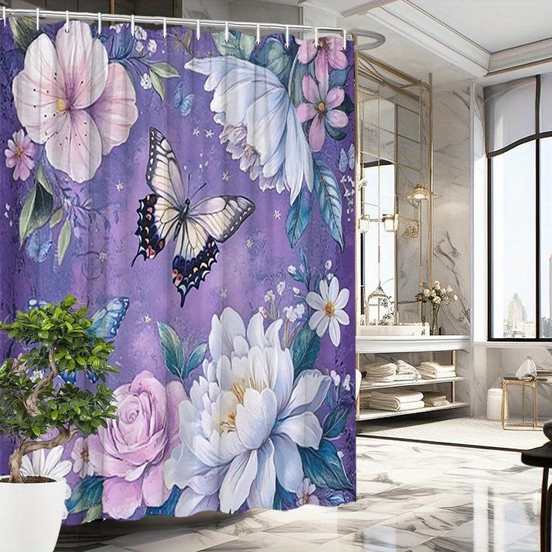 ~O~Butterfly & Flower Shower Curtain - Blue & Black Butterflies, Flowers on Purple, 70.8x70.8 Inches, 12 Hooks, Washable Polyest