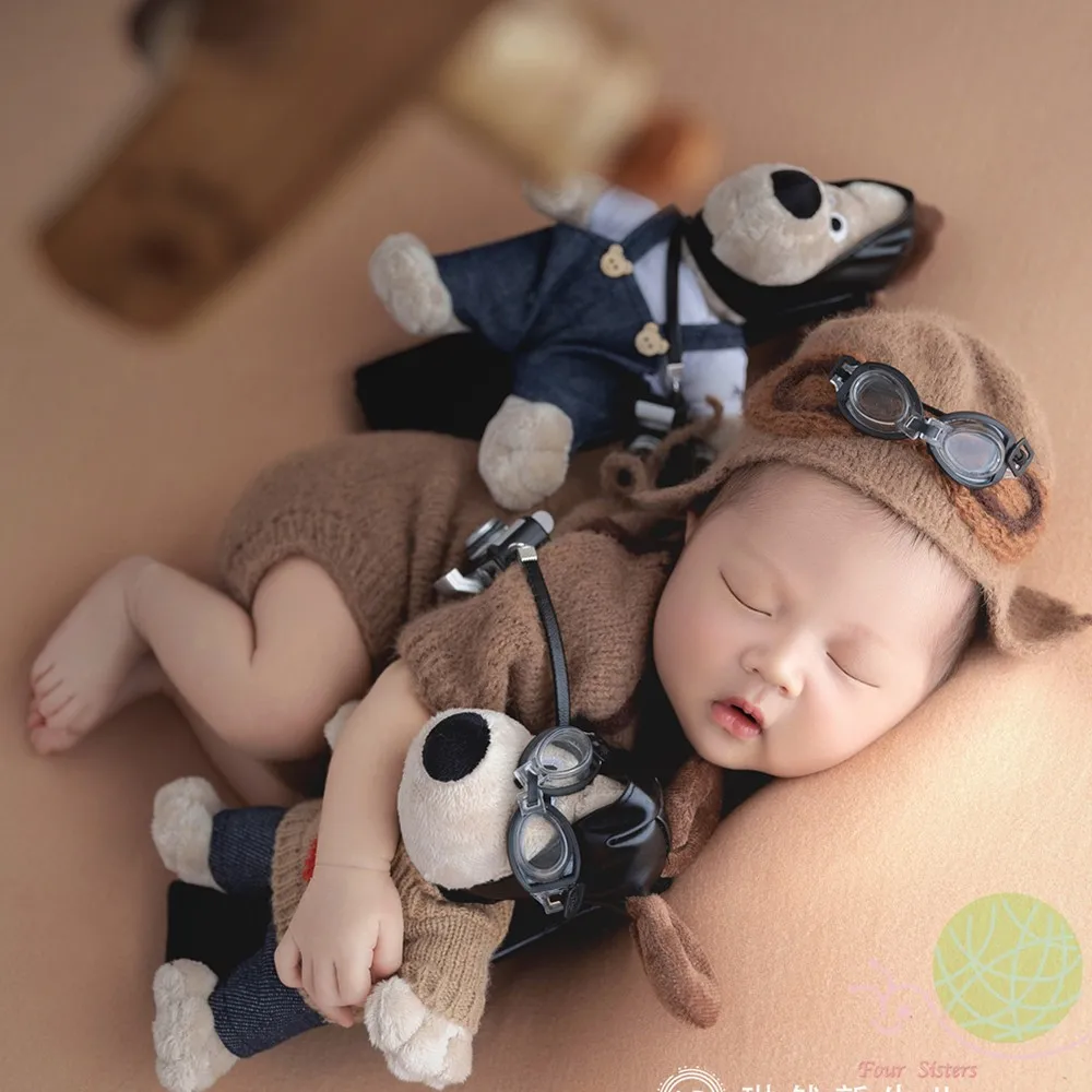 ❤️Newborn Photography Clothing Pilot Hat+Jumpsuit+Doll 4Pcs/Set Studio Baby Photo Props Accessories Clothes Outfits Fotografia