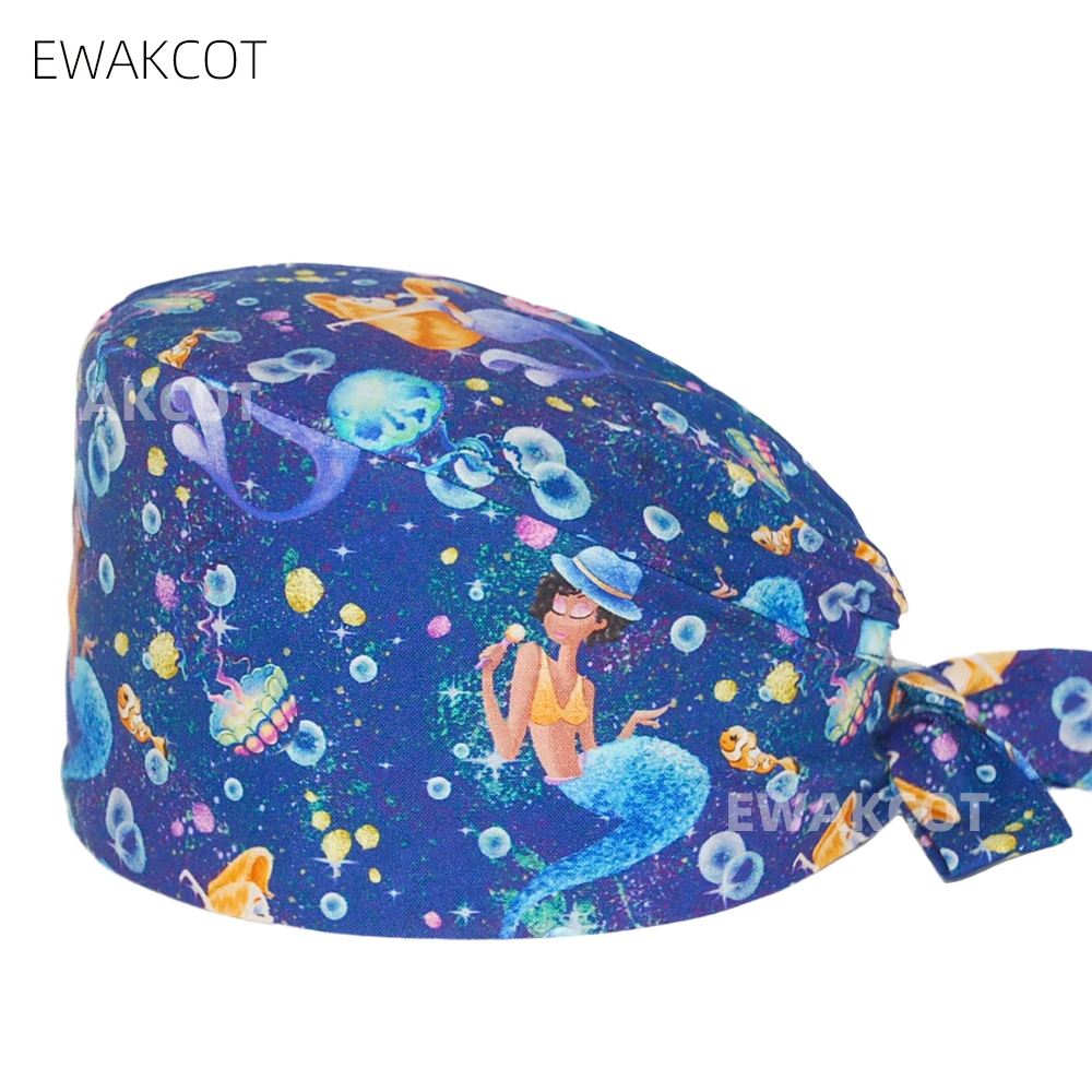 Women's cap mermaid print nurse hospital medical work hat bouffant cap adjustable Dental dentist hat surgical cap vet scrub caps
