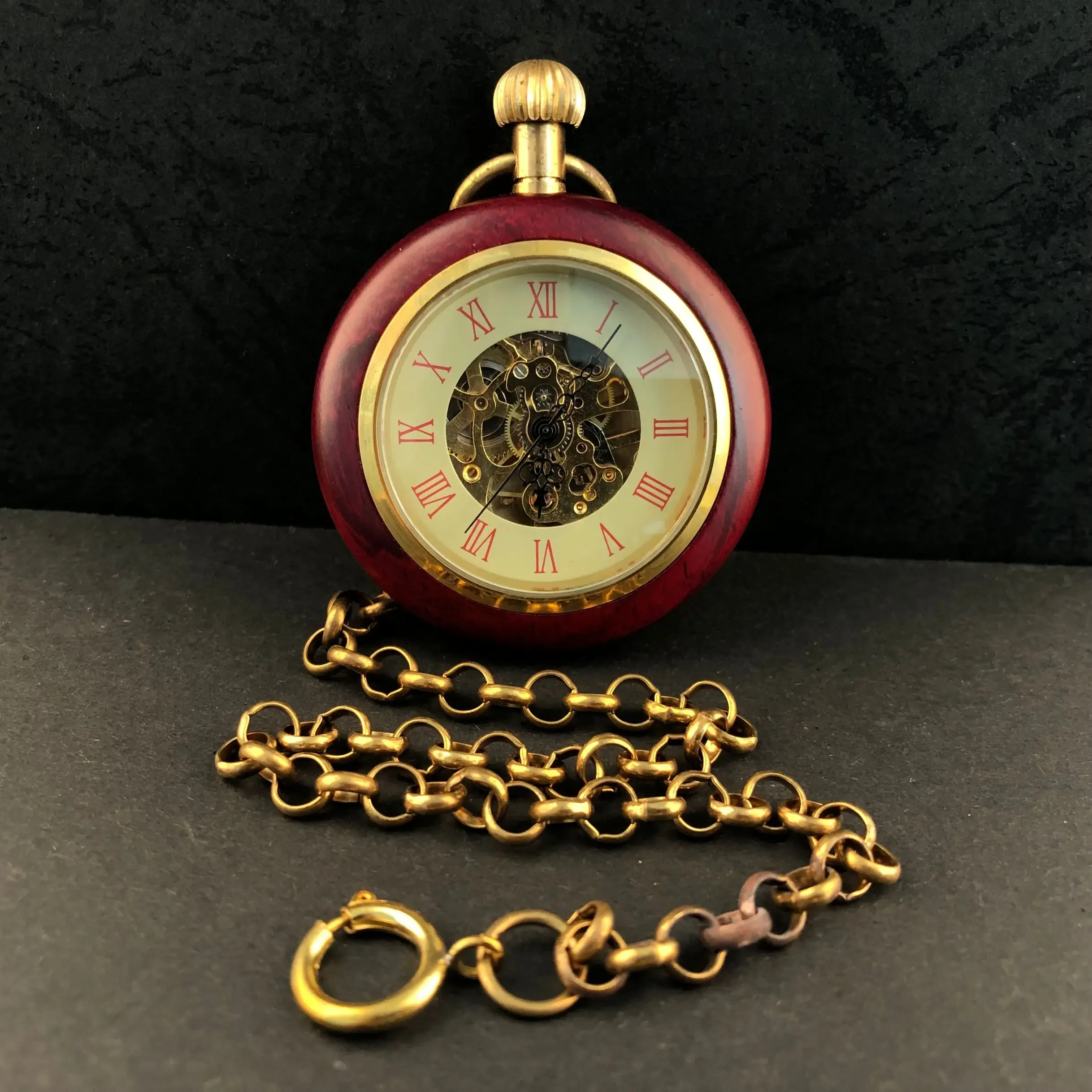 Red Wooden Mechanical Pocket Watch  Open Face Pendant Pocket Pendant Clock Luxury Watch for Men Women with 30cm Bronze Chain