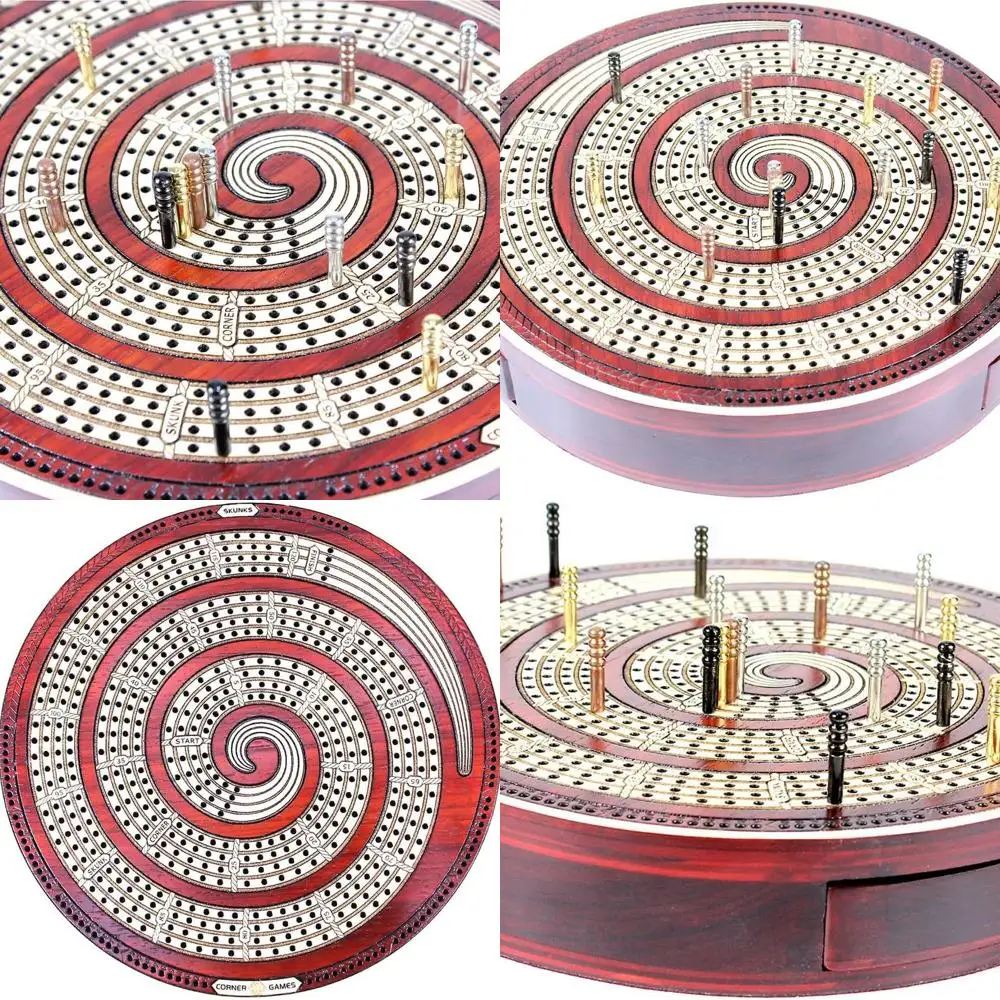 

Spiral Cribbage Board - Round 4-Track Bloodwood & Maple, Skunks & Corners, Won Games Holder