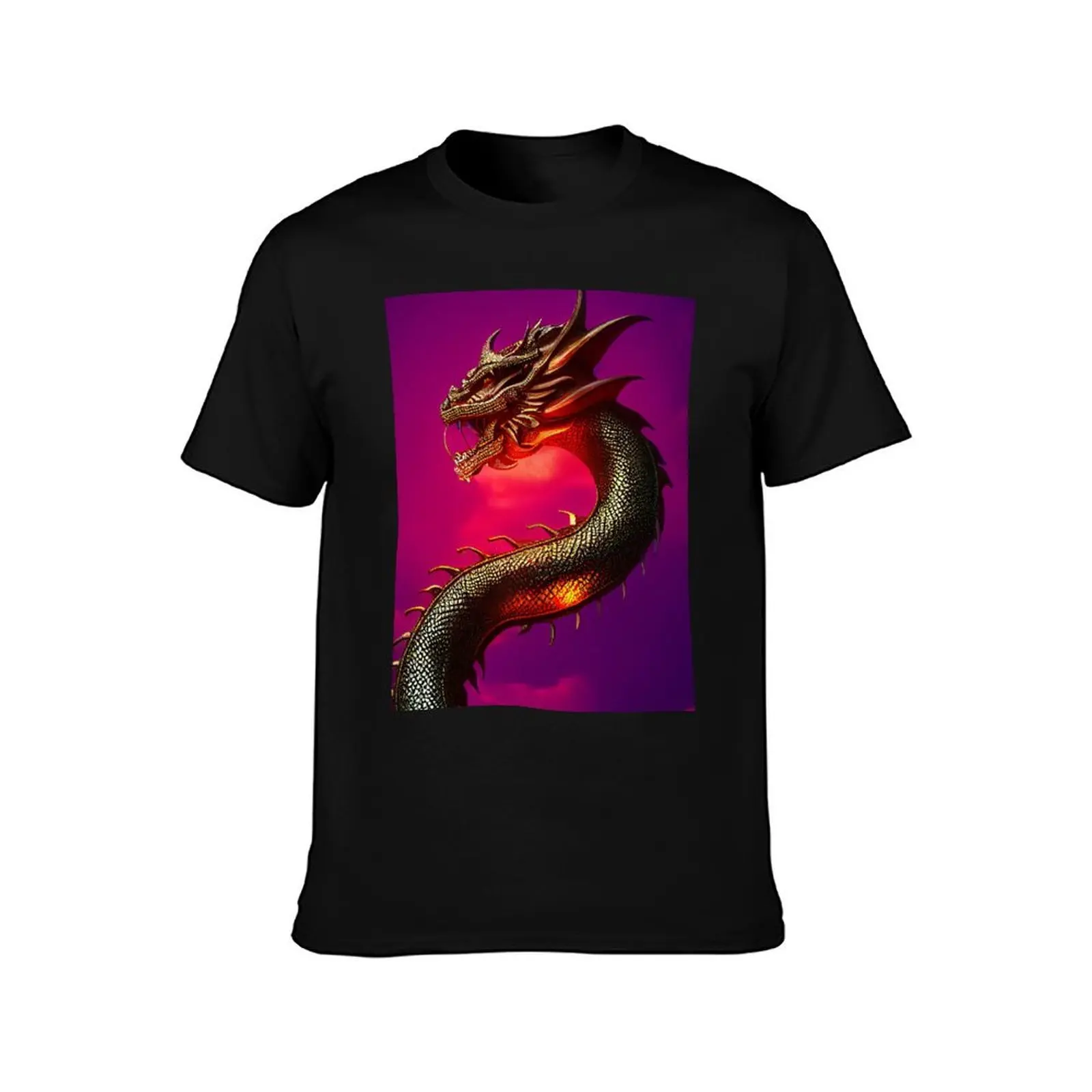 Fierce Fantasy Dragon Against A Sunset Sky T-Shirt Basic Solid Color Short Sleeve Cotton Top T-Shirt