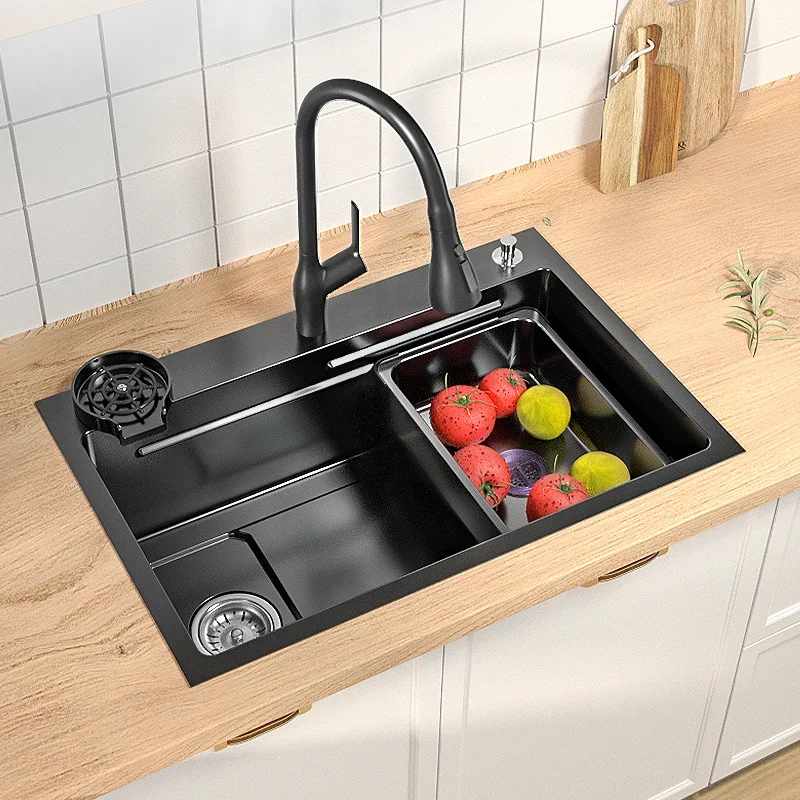 Imagem -06 - Multifunction Kitchen Sink Smart Large Single Dishwasher Washbasin Black Acessórios Aço Inoxidável