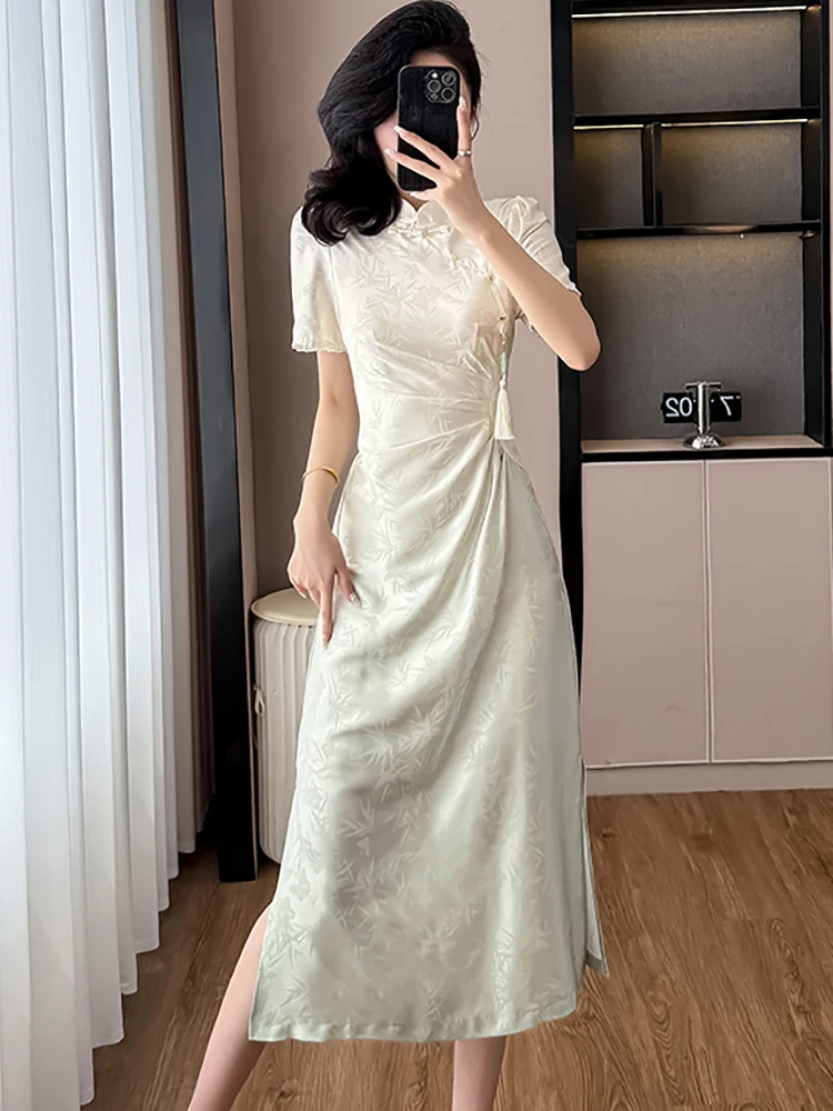 Women Korean Vintage Luxury Evening Dress Gown Summer White Jacquard Tassel Dress 2025 New Pleated Bodycon Casual Holiday Dress