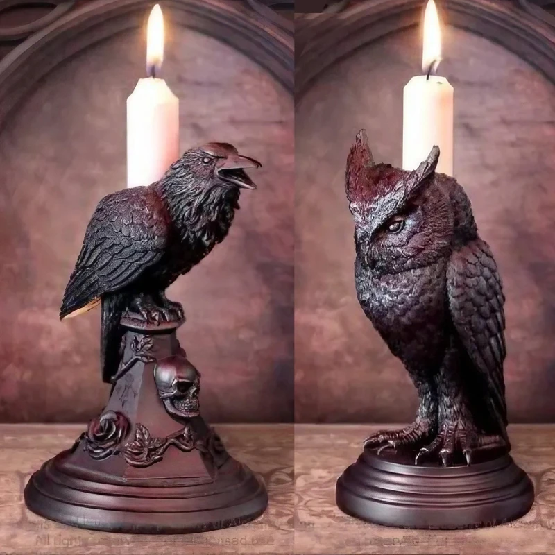 Elegant Resin Candlesticks with Owl & Crow Designs Spooky Halloween Decor Perfect for Gothic Tabletop Displays Decorations