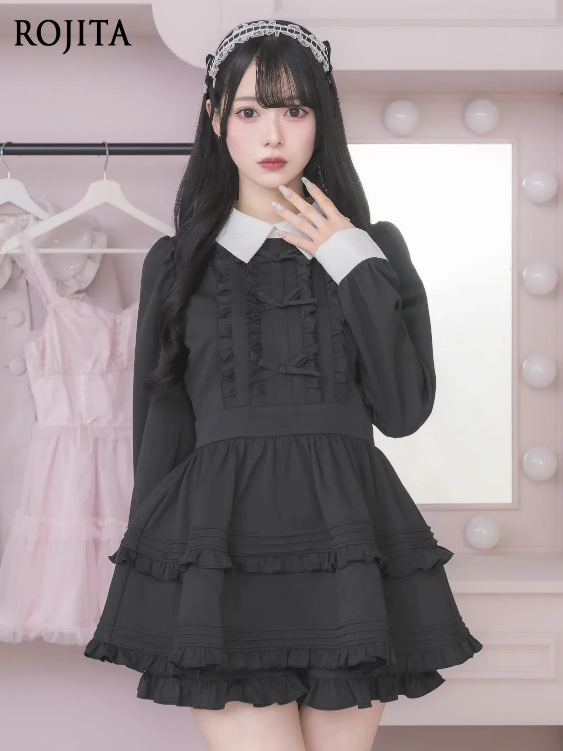 Harajuku Dark Academia Lolita Suit Contrast Collar Puff Sleeve Ruffled Top & Short Pants Two Piece Set