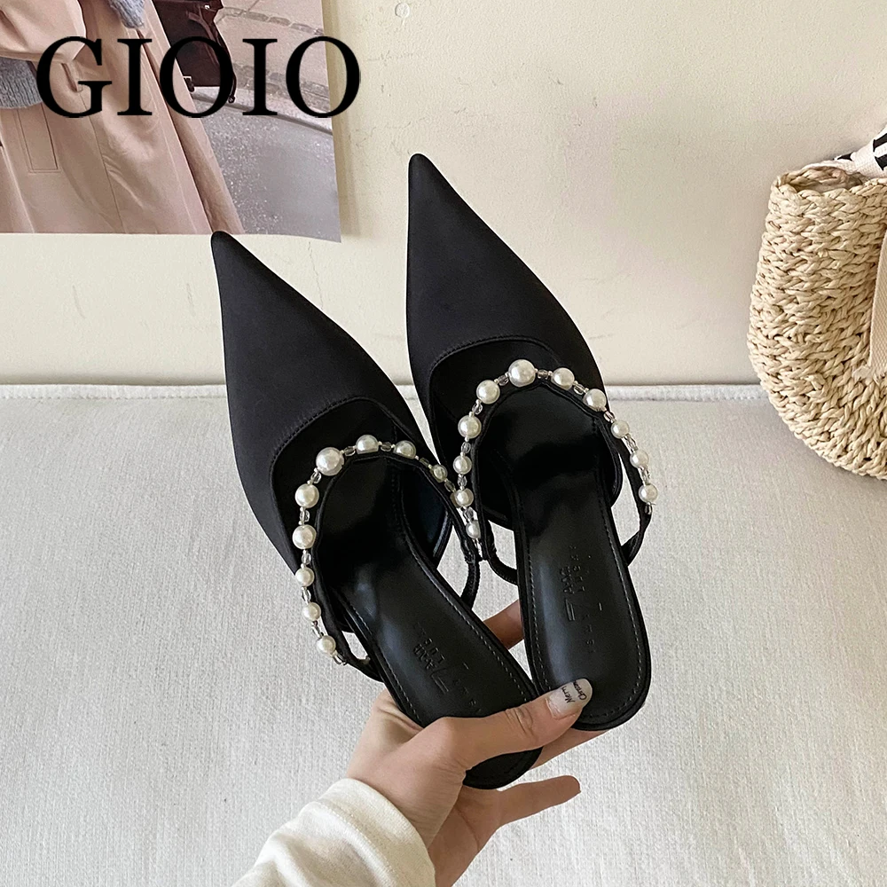 

Pearl Party High Heels Slippers Women Pumps Elegant Fashion Female Slides Heeled Sandals New Sexy Black Shoes