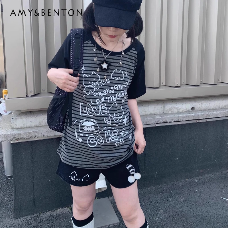 

Original Design Black Animal Print Short Sleeve Women's T-Shirt New Round Neck Loose Slimming Versatile Striped T-Shirts Ladies