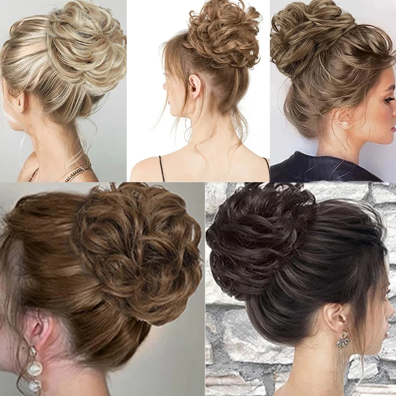 Moño Sintético Despeinado, Chignon, Donut, Rubio, Marrón, Almohadilla Elástica, Cuerda de Pelo, para Mujeres 6