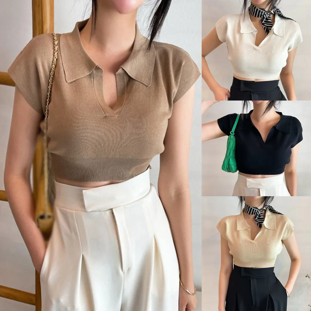 Women Solid Turn-down Collar Casual Slim Exposed Navel Knitted Short Sleeve T-Shirt Crop Top