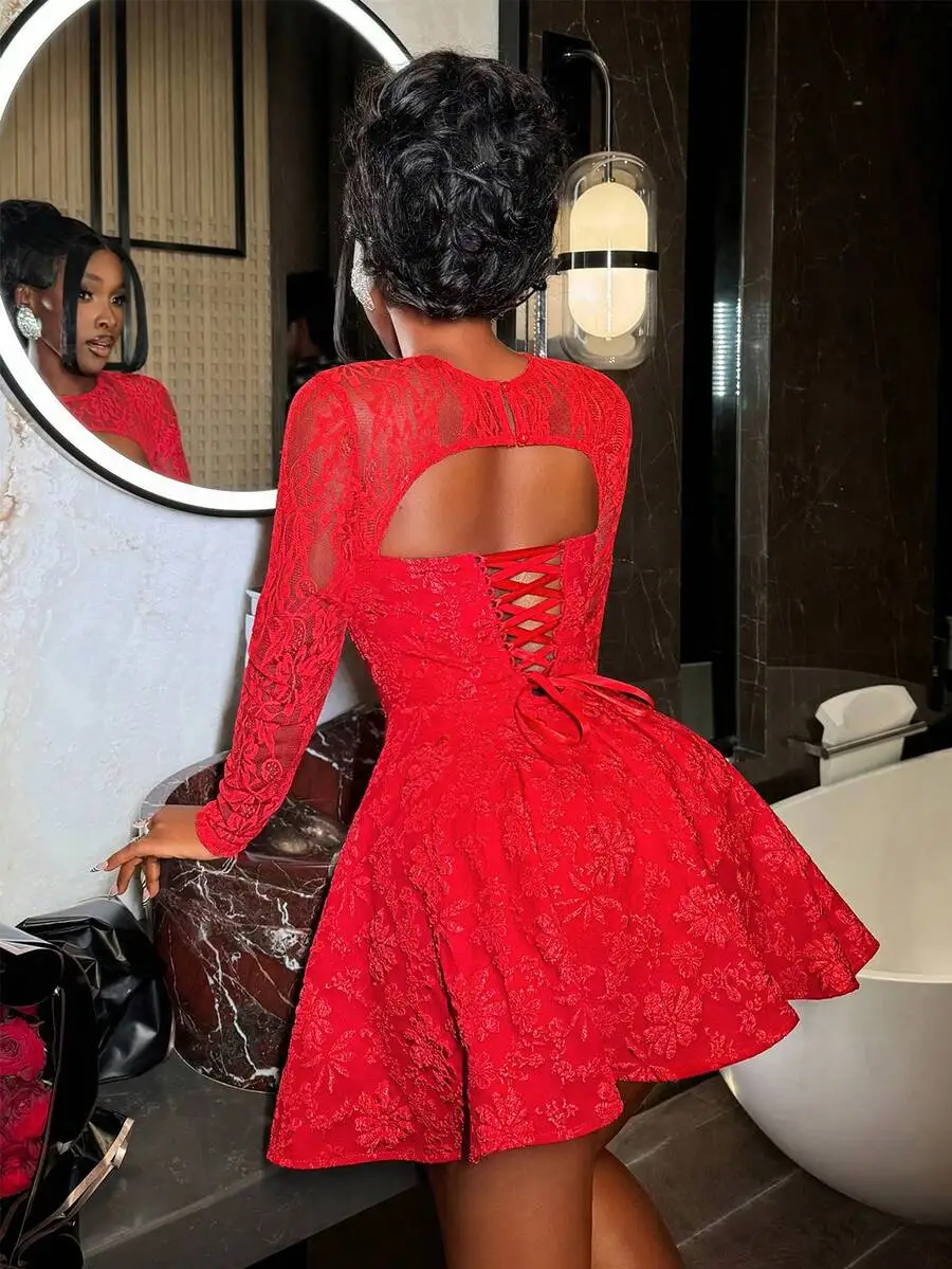 

Elegant Red Lace Long Sleeve Mini Dress With Back Cut-Out And Criss-Cross Detail A-Line Party Dress