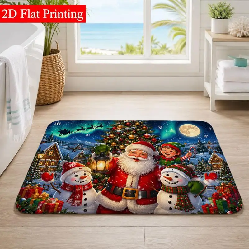 2D‑Printed Christmas Santa Snowman Gnome Rug, Decor for Bathroom, Home Entryway, Indoor‑Outdoor Parties