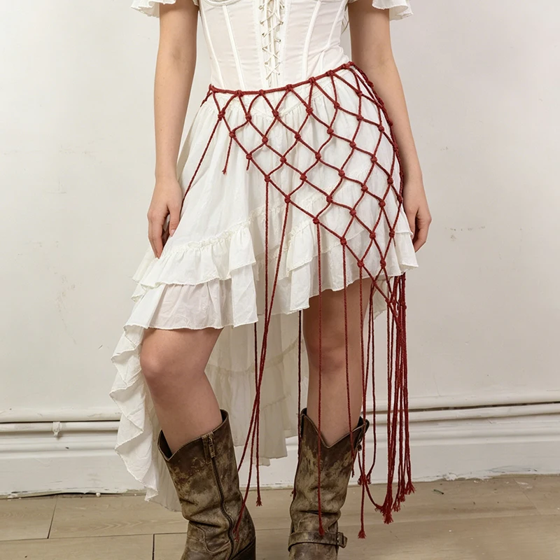 Bohemian Bikini Cover Up Skirt Netted Fringe Scarf Shawl Decorative Tassel Ethnic Handwoven Mesh Tassel Waistband Butt Curtain