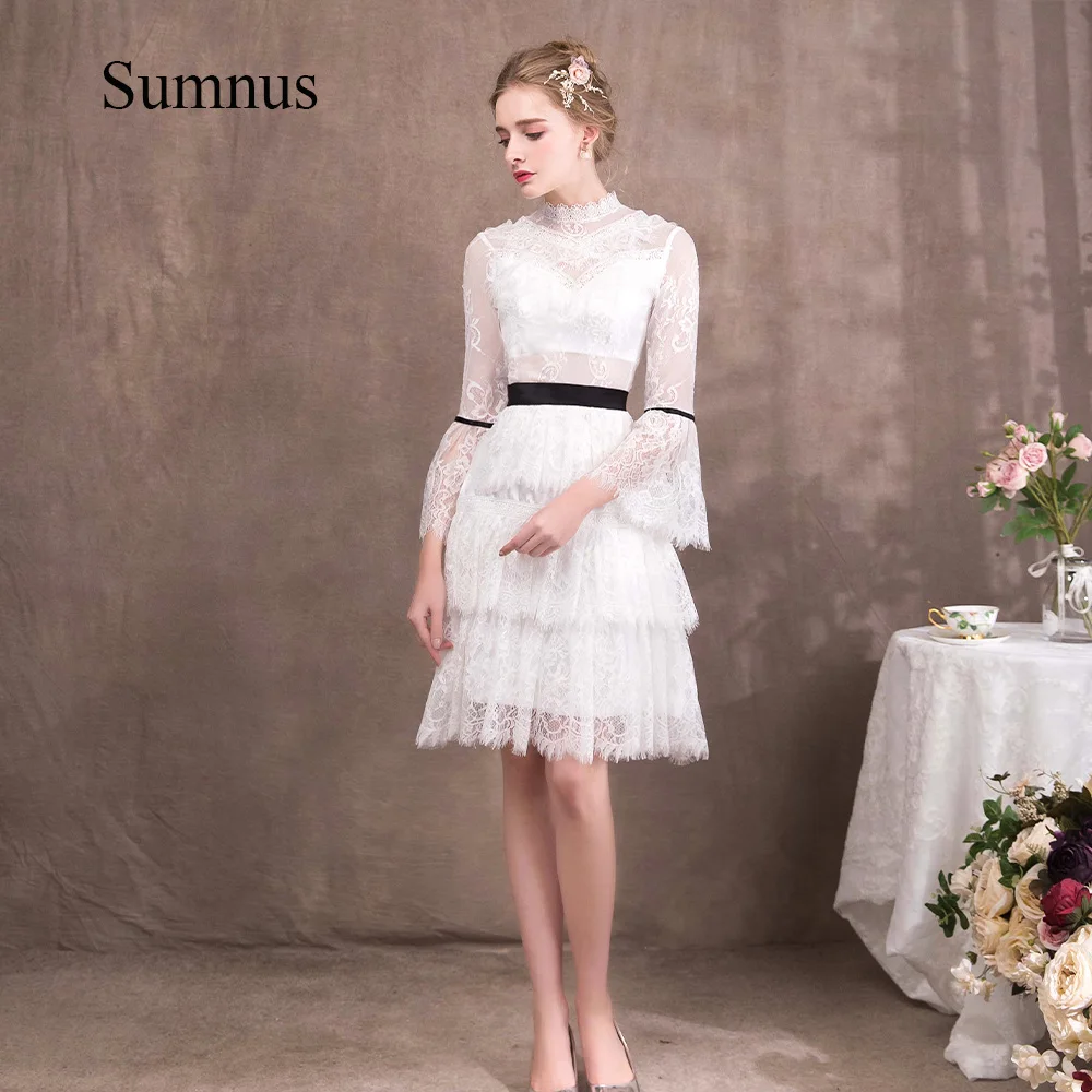 

Lace High Neck Wedding Dresses Robe de Mariee Long Sleeve Tiered Tulle Mini Bride Gown Zipper Back Short Wedding Party Dress