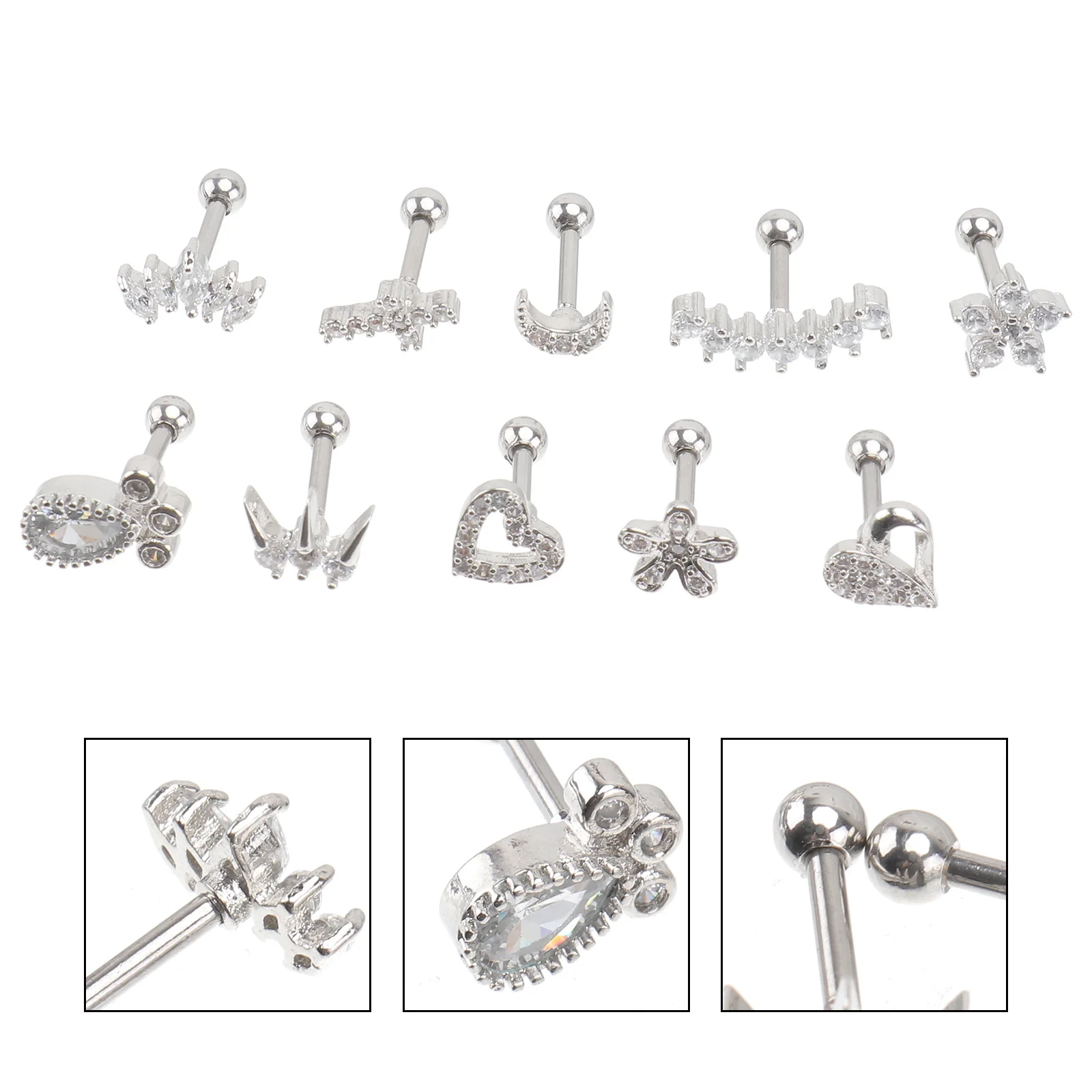 

10Pcs Piercing Ear Studs Zirconia Ear Bone Nails Fashion Lip Studs Smooth Safe Material Unisex Body Jewelry for Wedding Party