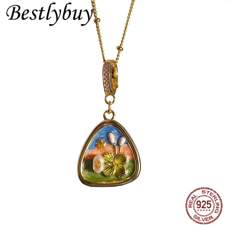 

S925 Pure Silver Gold-plated Natural Pearl French Flower Enamel Oil Painting Style Fashionable Light Luxury Women's Necklace