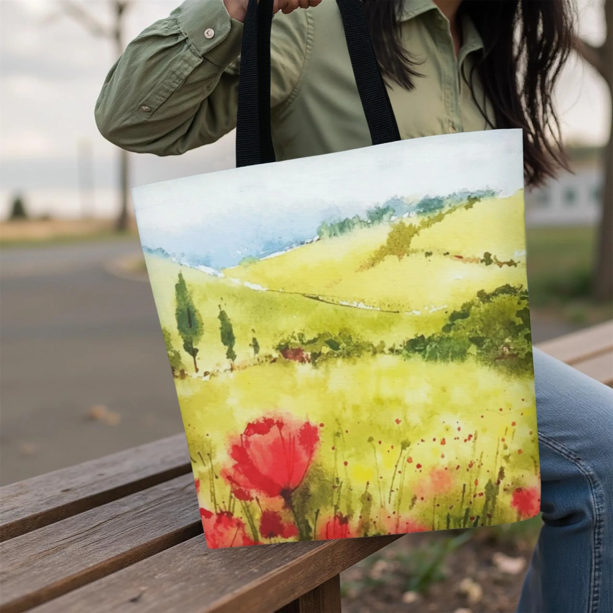 حقيبة يد نسائية ذات ألوان مائية من Tuscany Field ذات مناظر طبيعية ريفية فنية ذات سعة كبيرة مثالية للسفر اليومي والنزهات غير الرسمية #3