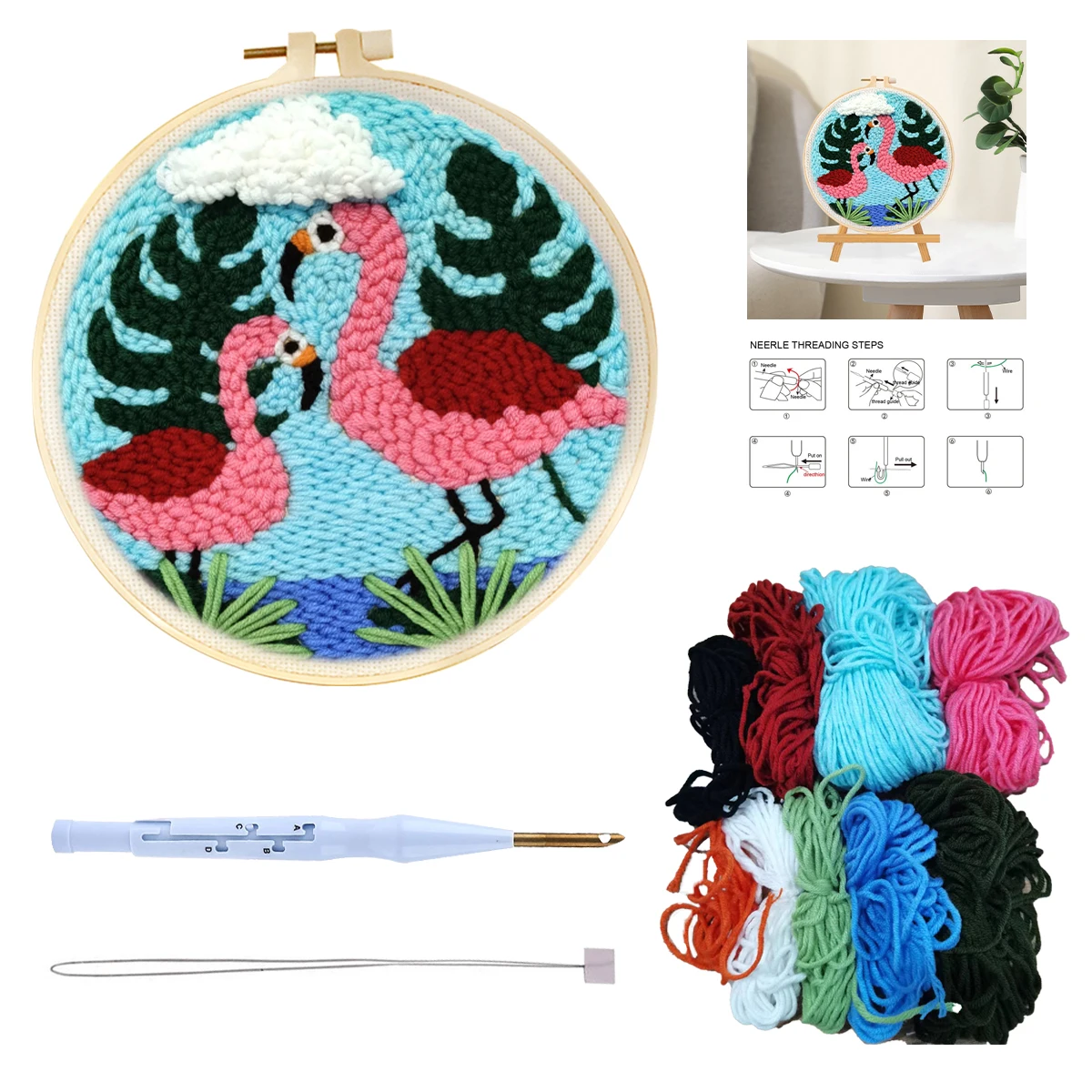 

Ruopoty 1 Set Animal Pattern Punch Needle Embroidery Starter Kits Tool Threader Fabric Embroidery Hoop Yarn Rug