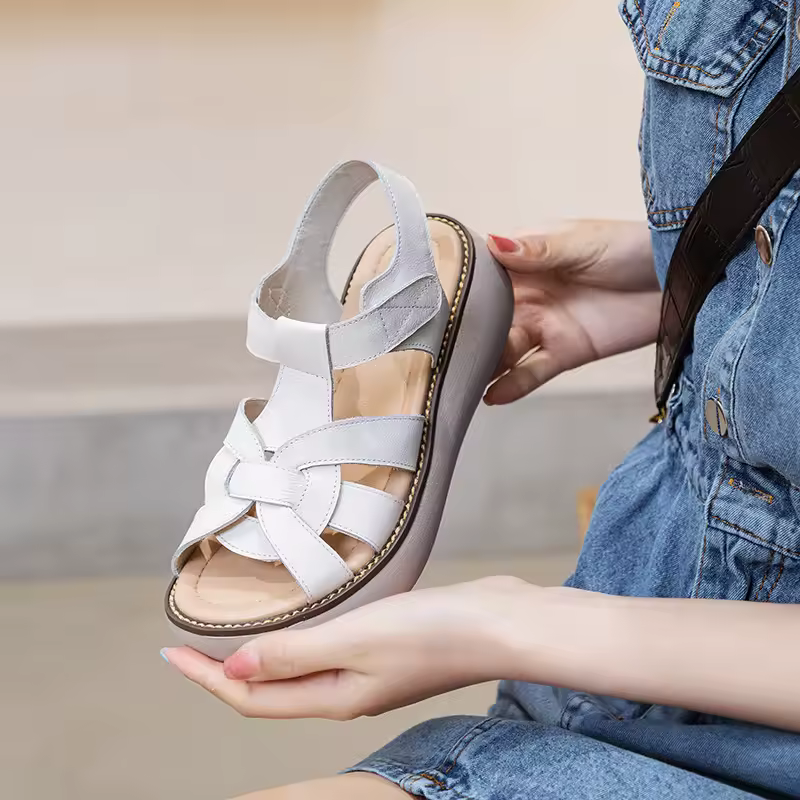 Women's Summer Sandals Retro Style Hook Loop Ladies Shoes Genuine Leather Summer Women Sandals Thick Sole Woman High Heels Shoes Products on AliExpress