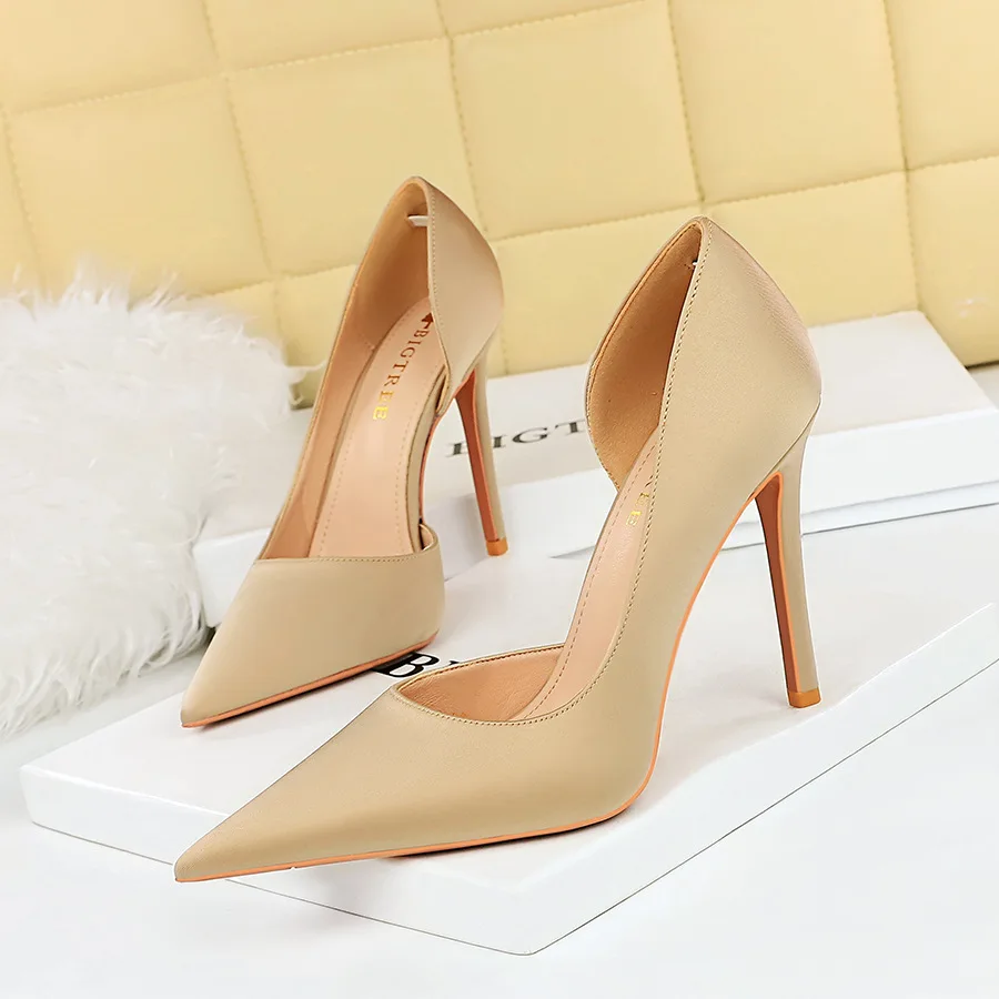 Style Super Fine Satin Shallow Mouth Pointed Side Hollow Slim High Heels Women's Shoes Single Shoes Women Pumps туфли женские