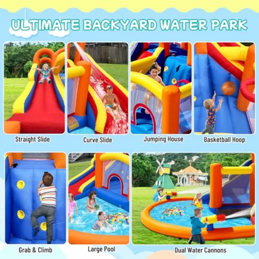 Backyard water park for kids 3-12: inflatable double slides and bounce house PVC material blue-green color dual-slide splash fu