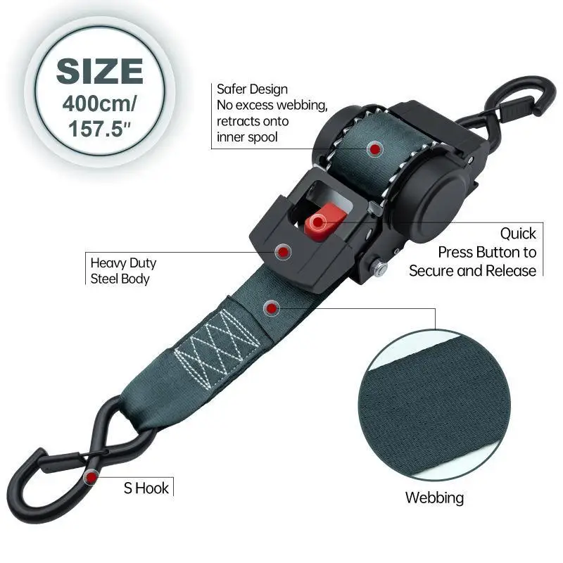 Automatic Retractable Tie Down Straps Heavy Duty Self Tightening Cargo Belt Ratchet Tensioner Fast Locking Truck Motorcycle ATV