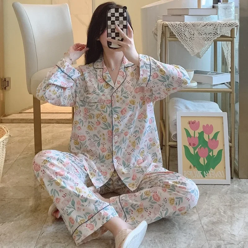 

Long Sleeve Pants Floral Print Woman Satin Pajama Sets Ensembles 2 Piece Two-Piece Outfit Lounge Women Pijama Sleepwear Pajama