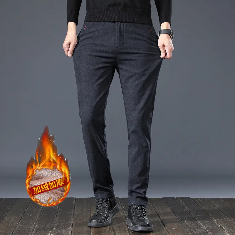 

Men's Thickened Casual Pants with Fleece Slim Straight-leg, Versatile, Elastic Long Pants.Cropped Pants for Daily Wear 28-38