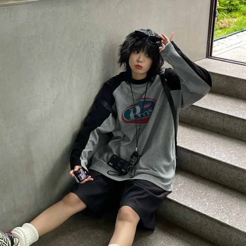 American Vintage Raglan Long Sleeve T-shirt Women Autumn Trendy Loose Pullover Vintage Streetwear All Match Sweatshirt Y2k Top
