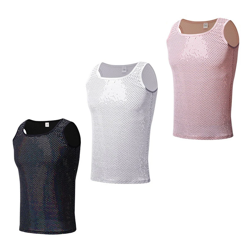 Men's Tank Top Summer Fitness Workout Crew Shiny Sleeveless T-Shirt Vest