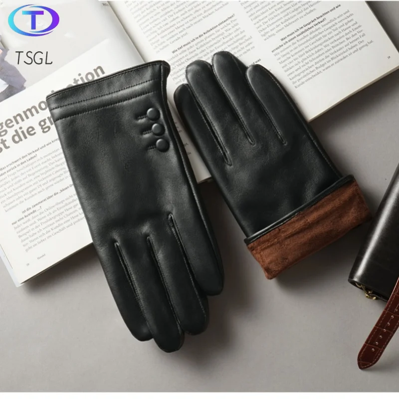 

New Arrival Fashion Driving Men Genuine Sheepskin Leather Gloves Autumn Winter Warm Touch Screen Full Finger Black Gloves