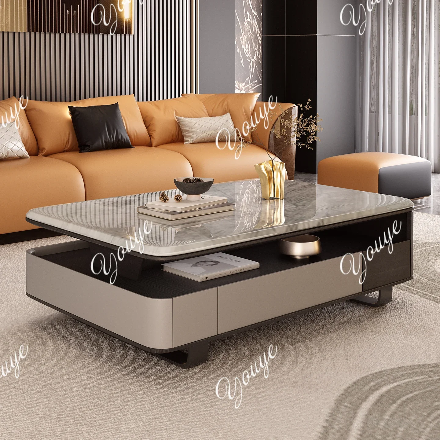 Q Modern small apartment microcrystalline stone coffee table living room double-layer TV cabinet combination hollow design high