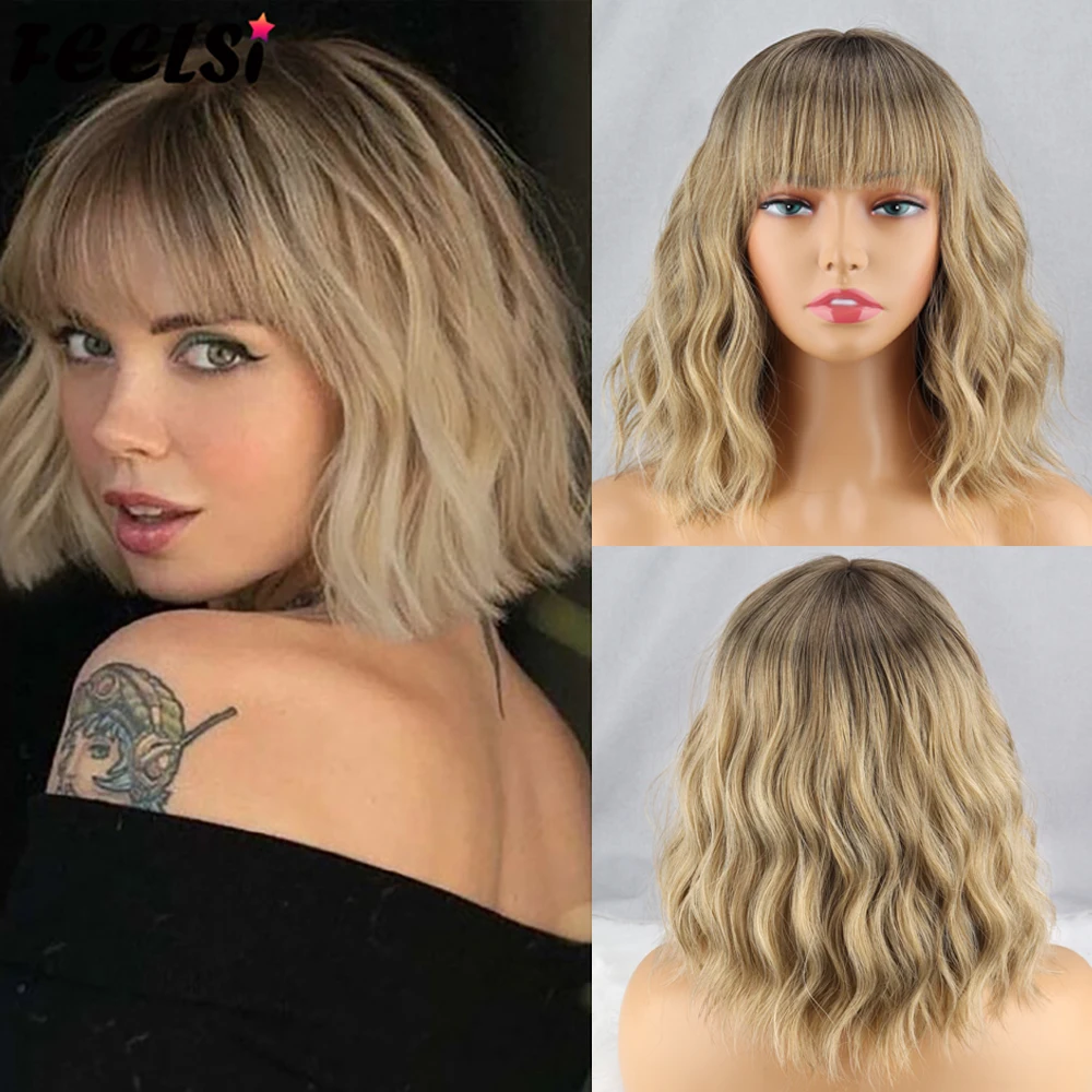 

Short Platinum Bob Synthetic Wigs Black Pink Blonde Omber Wavy Wig Dark Roots with Bangs For Women Daily Wear Natural Cosplay