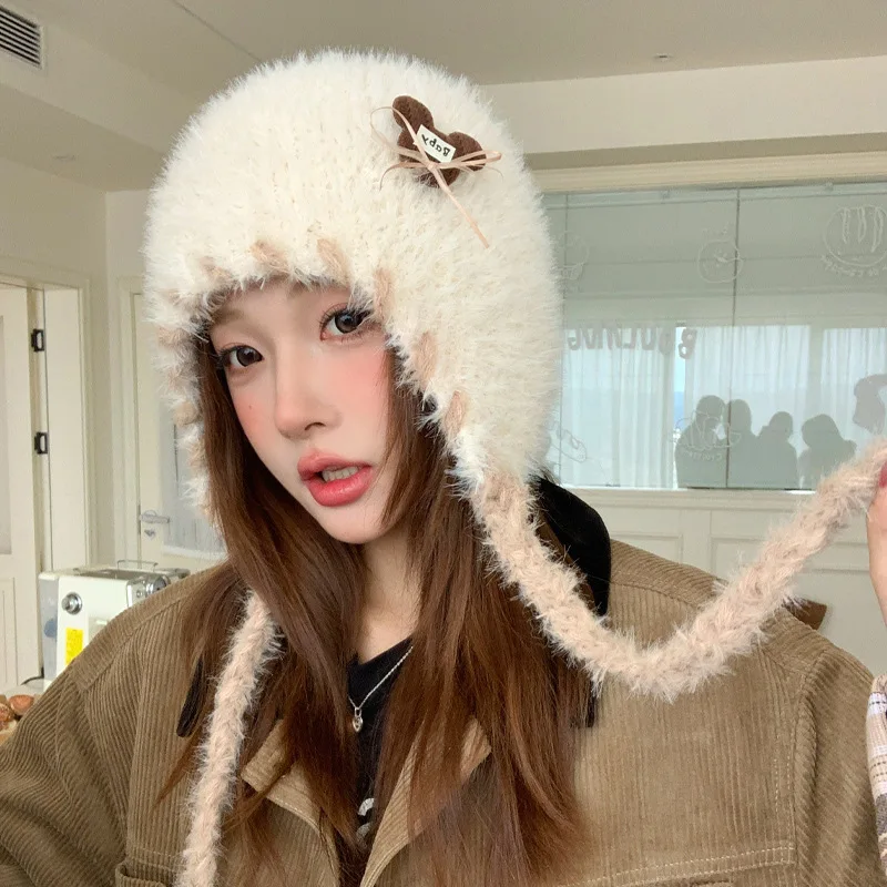 Gorro de Mujer con Pelo de Conejo de Terciopelo, Lindo y Versátil, Abrigo de Invierno, Protección Contra el Viento, Gorro Baotou con Protección para las Orejas