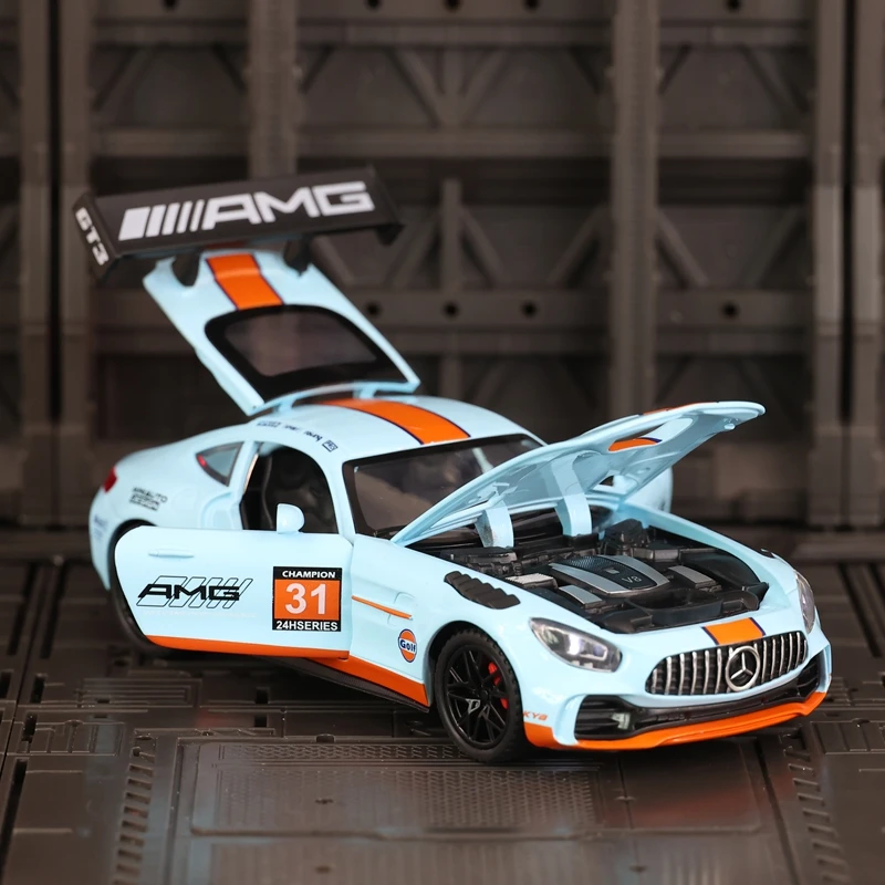 1:32 Mercedes-Benz AMG GT-R track version alloy car model gifts acousto-optic pull-back toy door and hood trunk can be opened