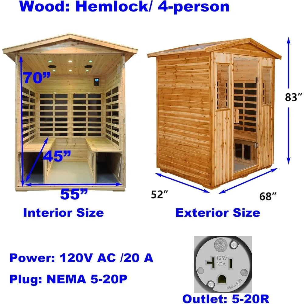 Far Infrared Wooden Sauna Room, 4 Person Outdoor Size with 2050W, 8 Low EMF Heaters, 2 Bluetooth Speakers, 2 LED Reading Lamp