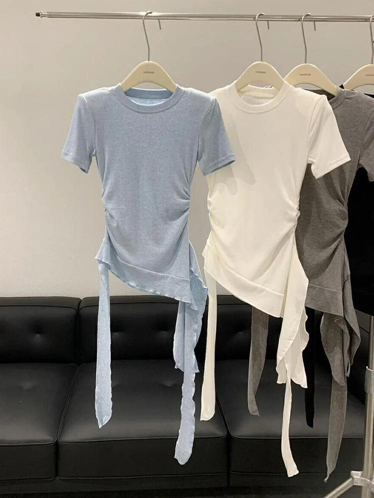 Chic Korean Style Women's Blue Short Sleeve T-Shirt Casual Loose Fit Summer Fashionable Versatile Top Not Boring Design