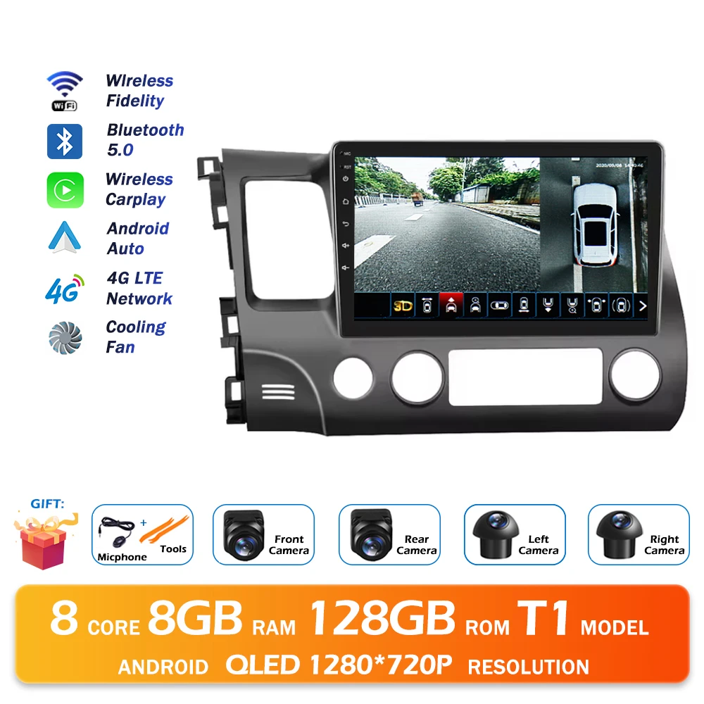 Android 16 Bluetooth Voor Honda Civic 2006-2011 Autoradio Intelligente Multimedia Speler Auto Draadloze CarPlay WIFI 4G DSP GPS