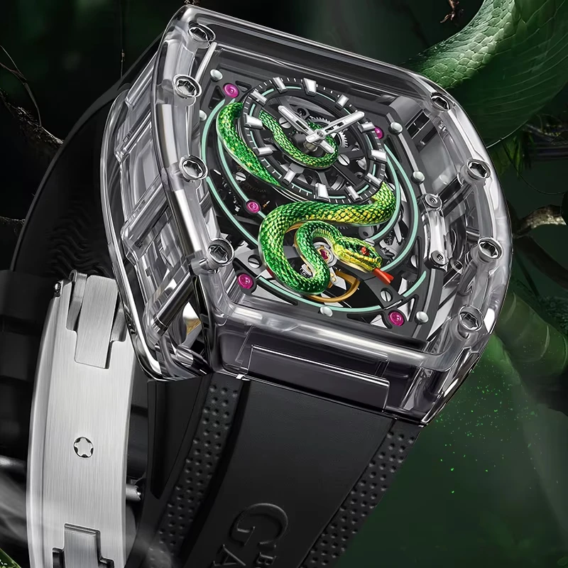 

BONEST GATTI Men Automatic Watch Tonneau Mechanical Wristwatch Acrylic Case Sapphire Luminous Snake Dial Watches For Men