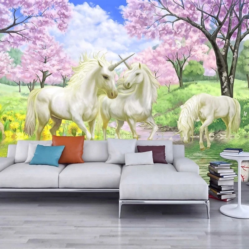 Custom 3D Mural Unicorn Dream Cherry Blossom Kids Room Bedroom Self Adhesive Wallpaper Living room sofa TV background restaurant