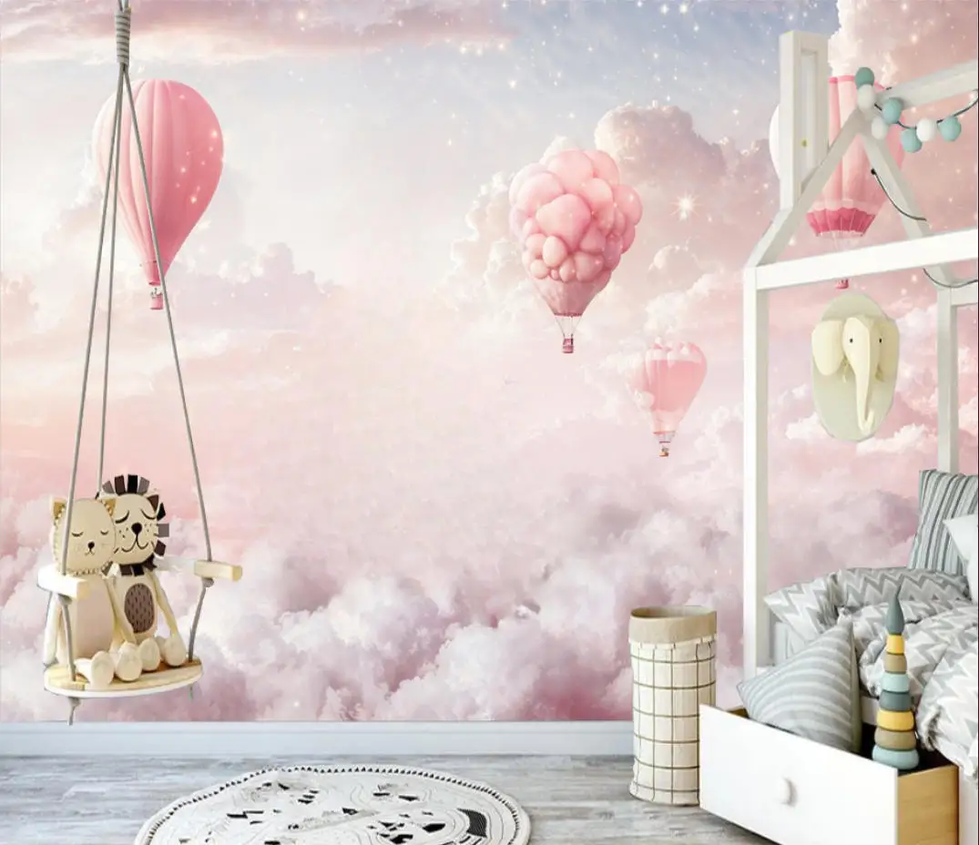 Custom wallpaper Pink hot air balloon clouds starry cartoon children's room mural Nordic small fresh TV background 3d wallpaper