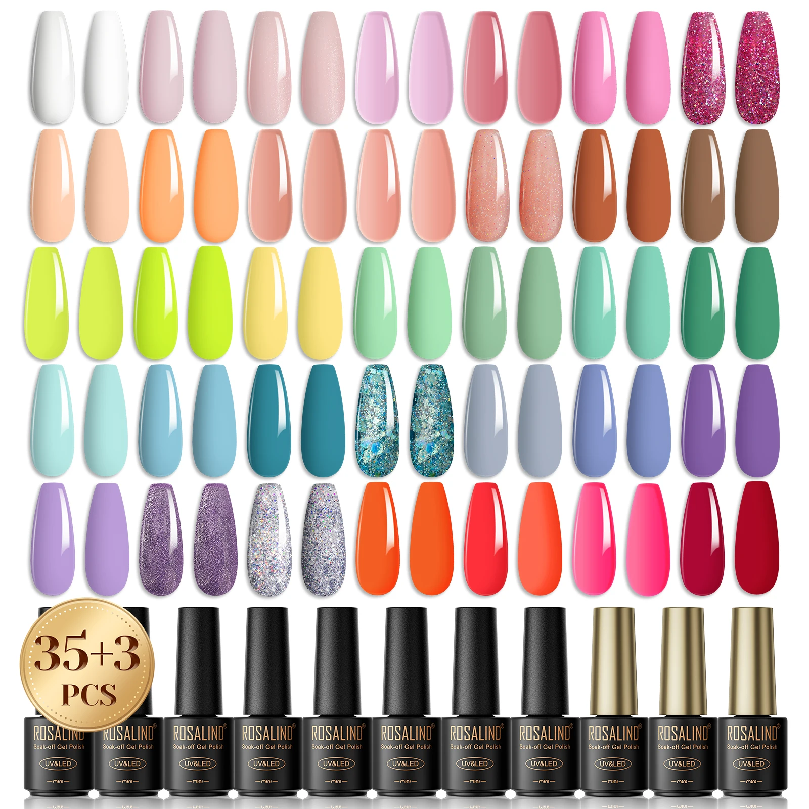 Rosalind 38pcs gel nail polish set soak nail surface coating primer 35 color nail tour set UV phototherapy LED nail lamp.