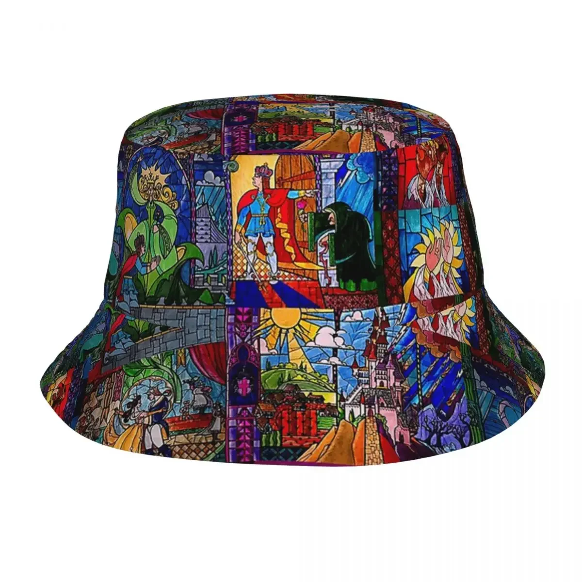 Hip Hop Beauty And The Beast Stained Glass Bucket Hat Unisex Packable Outdoor Fishing Hat Hot Summer Headwear Bob Hat