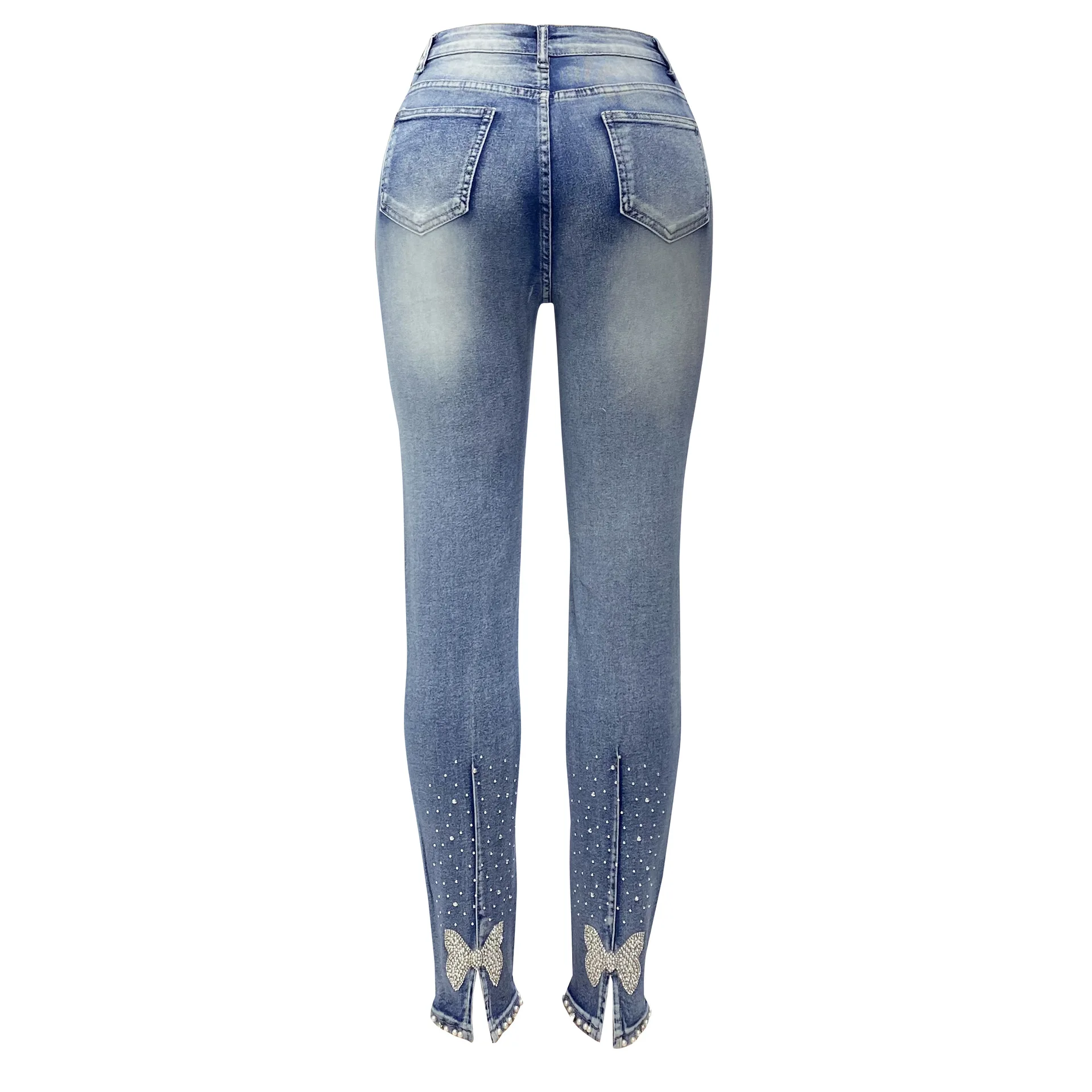 Fashionable Blue Single Mid-waisted  pressed drill Jeans for Women, Slim-fitting Pencil Pants with Elasticity Pantalones